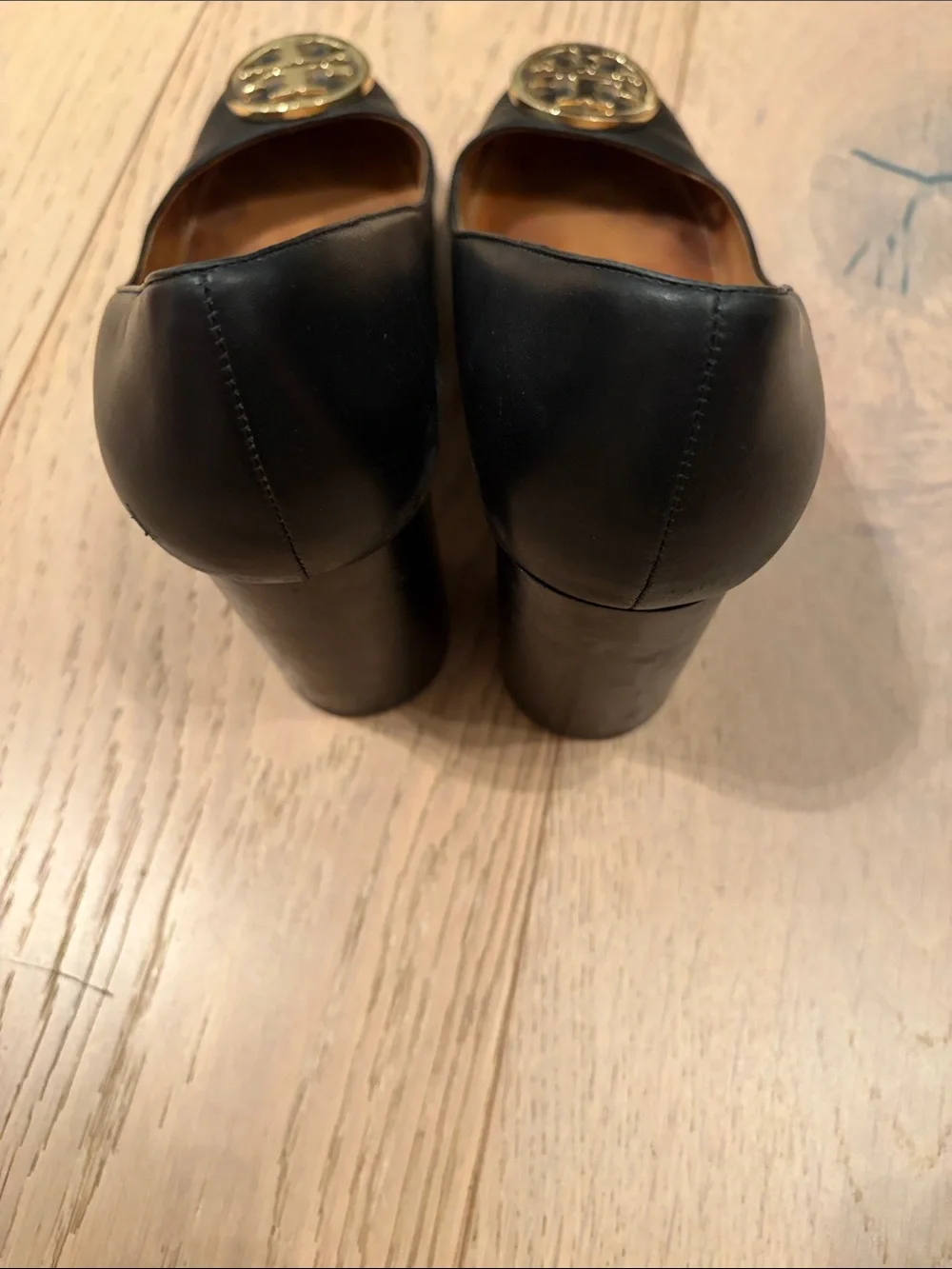 Tory Burch Black Leather Heels with Gold Logo Medallion